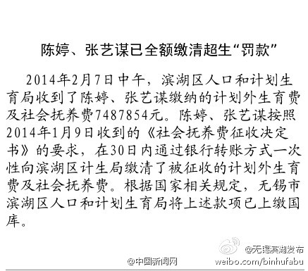 无锡滨湖计生局：张艺谋缴清748万超生罚款