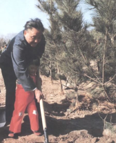 1980年，邓小平带着外孙女种树。