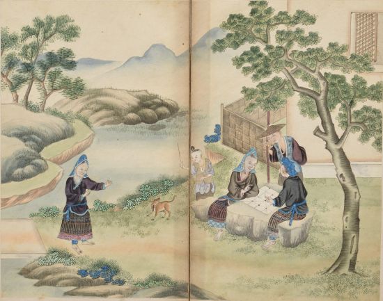 另外还有一套清代《百苗图》绘本亦值得藏家关注。《百苗图》是清代绘画记录当时各地苗族的生产、生活、娱乐和习俗等风情的历史图册，形象再现了苗族支系的繁多和丰富多彩的历史文化，具有重要的历史、艺术和科学价值。据了解，其原本已佚，后世转抄临摩者主要收藏于中国大陆和台湾各图书馆、博物馆，此外，德国、英国、日本等国家的图书馆也有收藏。1999年，北京翰海春拍曾拍一件《百苗图》，引起藏家的兴趣。  　　本次将于天琅文晖首拍亮相的这件《百苗图》共25幅，此作品为文物公司旧藏。绘画风格是由实地写生所绘，绘者恰到好处地发挥了传统工笔画的特长，把人物举止、服饰和有地方特色山水景色紧密地结合起来。画面色调和谐，鲜而不艳，笔力劲健，人物形象刻划生动自然，衣着各不尽同，神情迥异。衣物线条挺拔流畅，衣褶用浓墨勾勒，略似折芦描法，设色淡雅；树木先以墨笔勾出，后染汁绿，遍数不等；山石细笔勒皴，汁绿晕染，石绿轻罩，花青点苔；屋宇栏柱用墨勾线，晕以黄画出。无论是从画面的设色作风与空间结构，或画中所蕴寓的审美情趣，都显示出地方文人画家尊重写实的作风，它是一部珍贵的反映民族风情的绘画资料，具有很高的学术研究和收藏价值。
