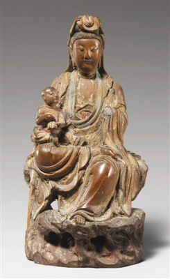 明代彩绘木雕送子观音坐像