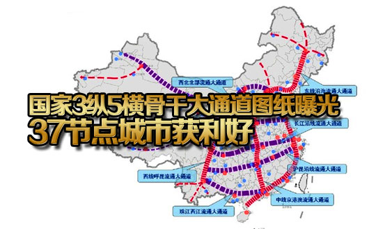 国家3纵5横骨干大通道图纸曝光 37节点城市获利好(图)