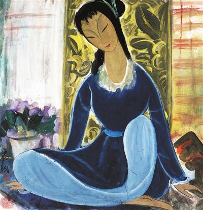 林风眠中国画《思念》，上海中国画院收藏。“仕女”系列是林风眠“调和中西艺术、创造时代艺术”的重要艺术实践。他笔下的仕女，或坐、或立、或卧，各具情态，在典雅的色泽、流转的线条以及表现性和抒情性的融汇中，洋溢着生命的娇艳和活力。这既基于林风眠的人生感悟和情感意向，也基于他对中国传统文化和西方艺术审美的理解，充分展现了他在艺术创作中对中国汉唐意境、民间艺术，以及西方古典与现代艺术的融合与创造。