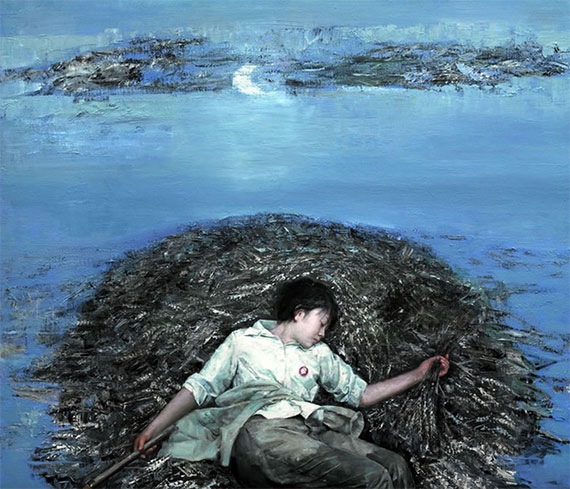 王亚卿知青题材油画《水中月》