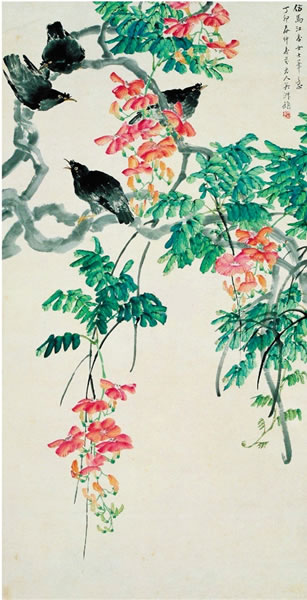 吴淑娟 凌霄八哥图 立轴 1927年