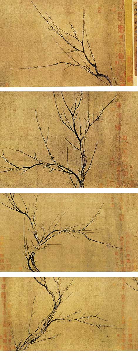 《四梅图》宋 杨无咎 。此图写梅花未开、欲开、盛开、将残四种状态。后自书“柳梢青”词四首，分咏四梅。