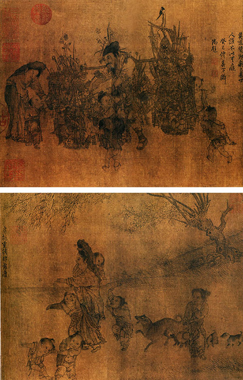 《货郎图》宋 李嵩 台北故宫博物院藏。画家借助货郎这一题材表现了南宋市井生活的一个侧面，那些令人眼花缭乱的物品，虽然今天有很多已不明其用途，但却真实地记录了南宋百姓的生活方式，是民俗学家不可多得的珍贵史料。