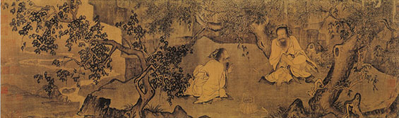 《采薇图》宋 李唐 北京故宫博物院藏。此图是李唐晚年人物画中的不朽之作。绘商末伯夷、叔齐在首阳山饿死的故事。两子席地对坐相话语，若有声出绢素。衣褶原多用挺细圆劲的钱线描，周围松树，以墨水晕染浅深，用笔粗细和谐。画树石皆湿笔，甚简，整个气氛肃穆沉毅，近处大树两本，一松一枫，奇倔如曲铁，而树身两相揖让，衬托着二位主人刚直不阿的性格。