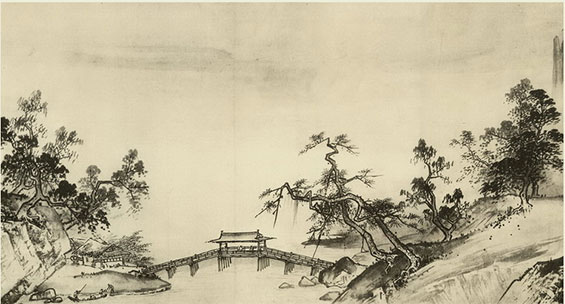 《溪山清远卷》(局部)宋 夏圭 本幅为十张纸接成,除第一段为二十五公分外,后九段均大约九十六公分左右。画中景物变化甚多,时而山峰突起,时而河流弯曲。画家运用仰视、平视和俯视等不同角度取景,使起伏的峰峦和层层叠叠的岩壁,以及蜿蜒的河川,因为不同的视点在各个独立的段落裏,产生独特的空间结构。