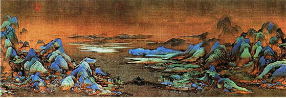 《千里江山图》宋 王希孟 《千里江山图》为中国北宋青绿山水画作品。中国十大传世名画之一。作者王希孟,王希孟 18 岁为北宋画院学生,后召入禁中文书库,曾得到宋徽宗赵佶的亲自传授,半年后即创作了《千里江山图》。