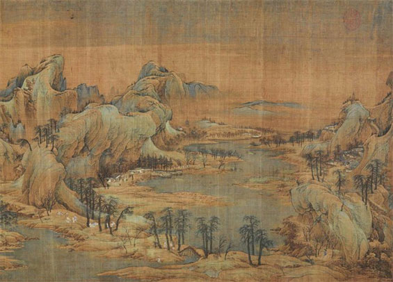 《江山秋色图》宋 赵伯驹 这是一幅长卷山水,绢本,青绿设色,是北宋后期青绿重彩山水画流传至今最具代表性的作品之一。这一画卷以极为丰富的取材,展示了深秋辽阔的山川郊野的壮丽景色。