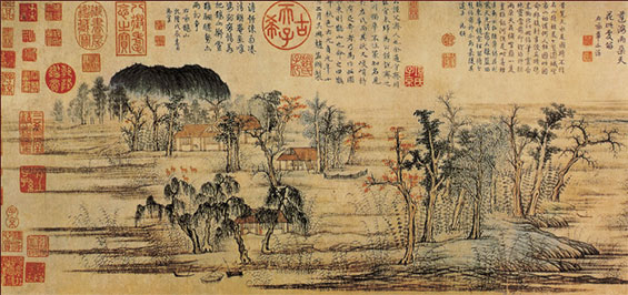 《鹊华秋色图》 元 赵孟頫 此幅向为画史上认定为文人画风式青绿设色山水。两座主峰以花青杂以石青,呈深蓝色。这与州渚的浅淡、树叶的各种深浅不一的青色,成同色调的变化;斜坡、近水边处,染赭,屋顶、树干、树叶又以红、黄、赭。这些暖色系的颜色,与花青正形成色彩学上补色作用法。运用得非常恰当。