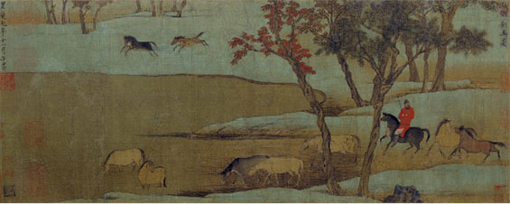 《秋郊饮马图》元 赵孟頫 这是赵孟頫的鞍马人物画的代表作。画面是江南初秋时节,放牧人赶着一群马到岸边饮水的情景。放牧人身穿红色长袍,手持马鞭,转身看着正在嬉戏的两匹马。在牧人的前方有五匹马步入到河中饮水,在河岸上还有两匹马在互相追逐。整个画面树木清秀,河水平缓无波,马的造型生动,表现了自然景致的优美。