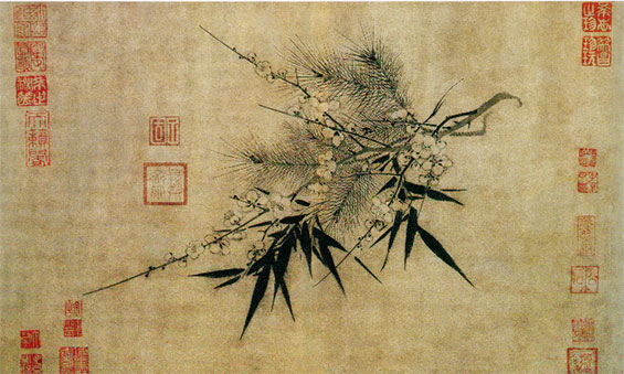 《岁寒三友图》 宋 赵孟坚 莹净的纸面上,画家以墨笔画上一株饱结花朵、苞蕾的梅枝,继而交错、绕夹著如星芒般的松针与墨影般的竹叶,将它们横斜置於画面中央。这三株折枝植物的组合,不但是一件写生佳作,同时画中岁寒三友-松、竹、梅的组合,又代表当时文人认为应该具备的节操与美德。