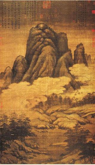《云横秀岭图》元 高克恭 这是高克恭山水画代表作。图绘山峦耸秀,白云缭绕于山间,山脚坡边林木茂盛,溪水萦回。画家以乾笔皴山体,色墨混染,用浓墨沿山的轮廓作横点,山脚坡石用笔勾皴,山体厚重且十分见笔,画风苍秀。树石的画法虽可看出有借鉴米氏父子的痕迹,但整体上已具高氏风貌。