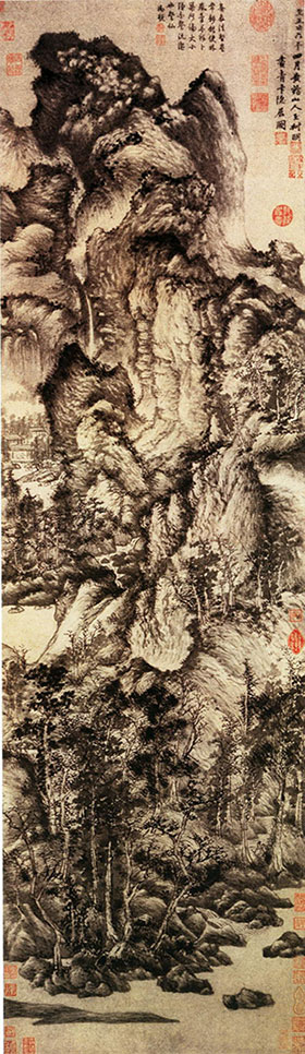 《青卞隐居图》元 王蒙 《青卞隐居图》是元末著名山水画家王蒙的代表作。画面描绘卞山高峻巍峨的气势,并渲染山深林密的幽寂气氛。此图技法丰富多样,集中体现了王蒙的艺术风格。