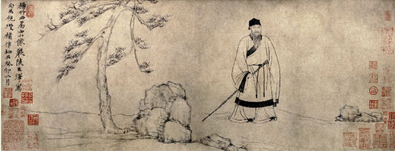 《杨竹西小像》元 王绎 倪瓒。此图人物面部轮廓须眉全用细笔精心勾勒,略作淡墨晕染,神气活现纸上,自然、生动。衣纹线条则简括洗练。倪瓒补松树坡石。