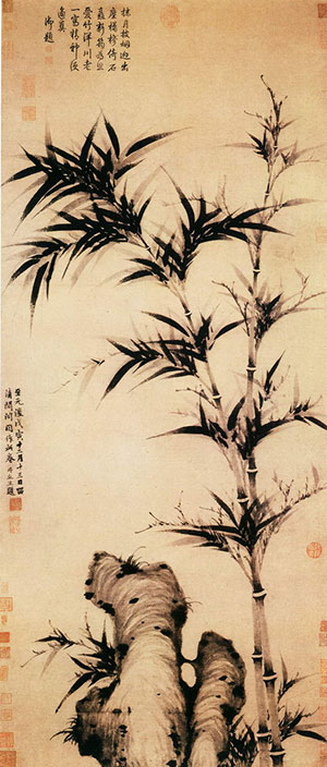 《清閟阁墨竹图》元 柯九思 此图画竹两竿,依岩石挺拔而立,石旁缀以稚竹小草。竹叶以书法之撇笔法写之,墨色浓润,浓淡相间,沉着劲挺。