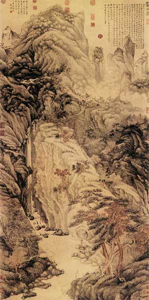 《庐山高图》明 沈周   画中山石林木笔法全仿王蒙，益以本身功力，更觉浑朴雄健。几无空处，山石融合了王蒙的解索皴与董源、巨然的披麻皴法，先以淡墨层层皴染，再施以浓墨逐层醒破。笔法稳健细谨，不恣意逞任，用墨浓淡相间，於满幅布局中有疏朗之感，故觉实中有虚。而画悬泉百丈直泻冲下，涧水轻柔，云光山色极为精采。