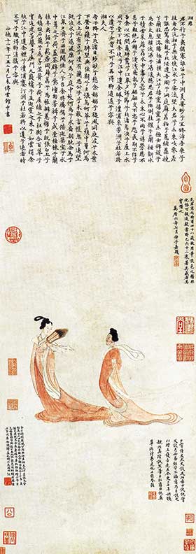 《湘君湘夫人图》明 文徵明  此图画面简洁明快，毫无背景衬托，而纯以人物形象本身刻画性格，人物的衣纹作高古游丝描，细劲而舒畅，有益表现湘君、湘夫人在空中款款而行的动态，给人以飘飘若仙之感。