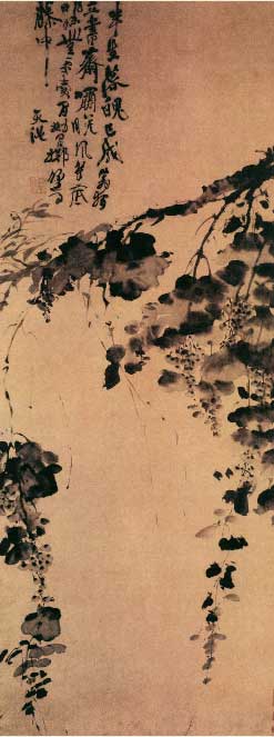 《墨葡萄图》明 徐渭  此图构图奇特，信笔挥洒，似不经意；藤条错落低垂，枝叶纷披，以豪放泼辣的水墨技巧造成动人的气势和葡萄晶莹欲滴的效果。