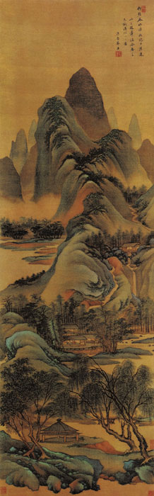 《仿三赵山水图》清 王鉴  “三赵”指的是赵令穰、赵伯驹、赵孟頫，王鉴在此画中题“以三赵笔法合为之”,表明了自己的审美理想,并非具体地模仿这三家的某些作品。这是一幅非常侬丽的春景,满园的新绿 山石用解索皴、披麻皴，先勾皴，再以淡墨渲染。重染和轻染分阴阳两面，立体感很强。