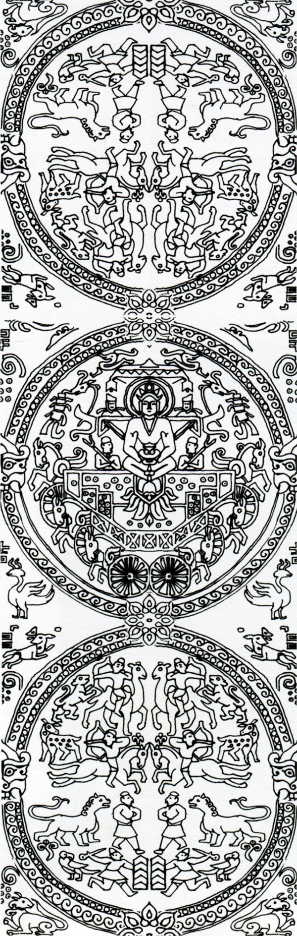 青海都兰热水墓地出土 北朝 黄地卷云太阳神锦纹样（复原图）