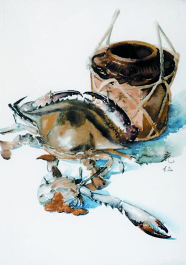 赏张充仁水彩画《糟瓮梭蟹》