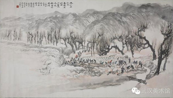 《冬引丹江水》1957年创作,纸本水墨设色,81.1×145.4cm,中国国家博物馆藏。