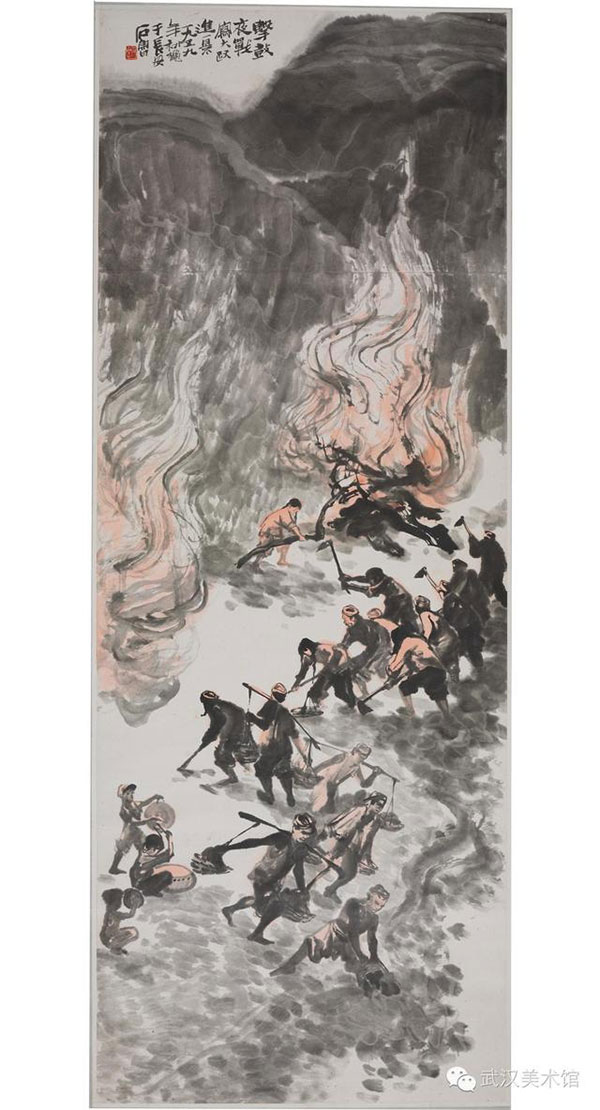 《击鼓夜战》1959年创作,纸本水墨设色,179.8×67.7cm,中国国家博物馆藏。