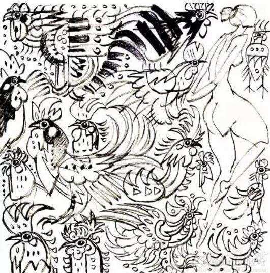 韩美林创作《丁酉年》鸡票手稿