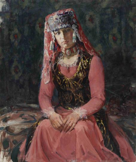 图为全山石 《穿黑背心的阿依古丽》布面油画。　刘秀浩 摄