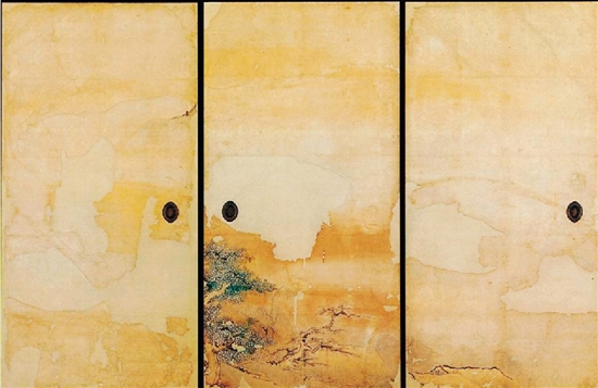 日本名古屋城堡上黑木书院日式拉门绘画《山水图》三联屏