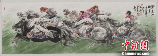 图为冯远的参展作品《草原小骑手》。　许婧 摄