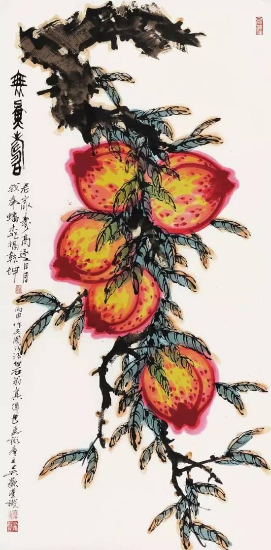 吴欢作《无量寿》，镜心，设色纸本，137×70cm，北京保利2016秋拍，成交价25.30万元