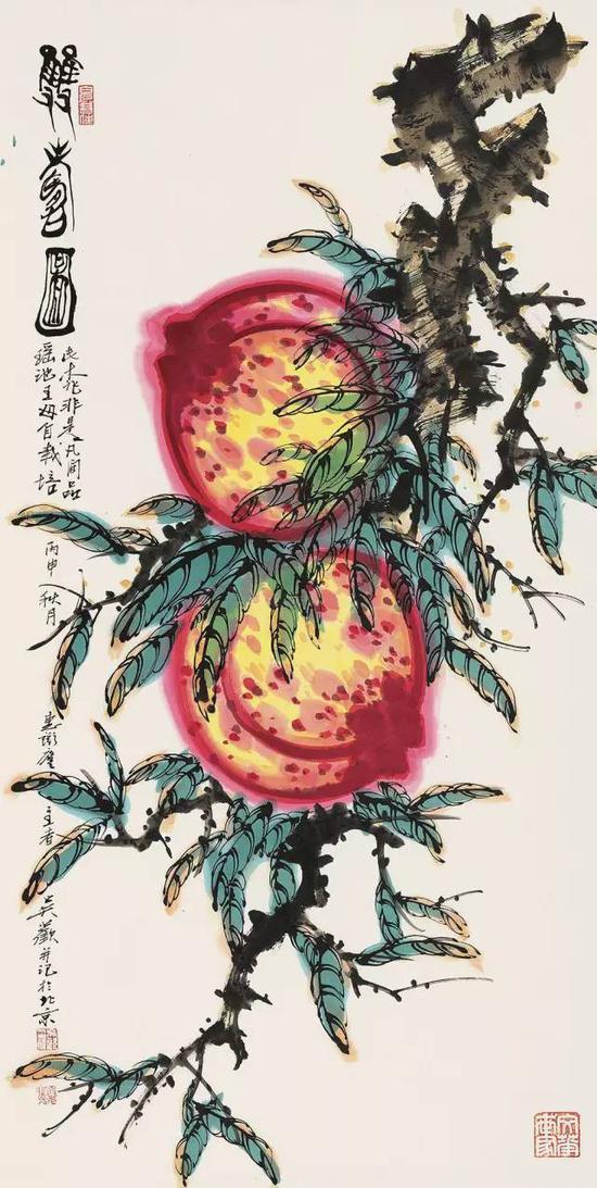 吴欢2016年作《双寿图》，镜心纸本，138×70cm，北京匡时十周年秋季拍卖会，成交价20.00万元