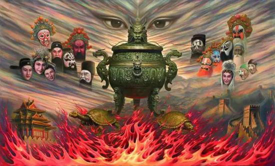 吴欢2012年作“天眼“系列油画之《天眼下的戏曲》，145×245cm