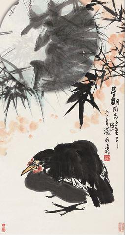 2015保利秋拍潘天寿《大吉图》，76.5×41cm，成交于425.5万元
