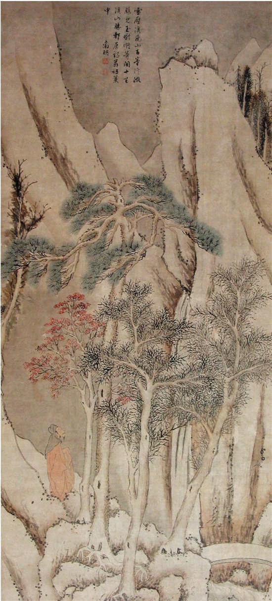 明 文徵明 雪山觅句图 183×83cm 纸本 立轴 沈阳故宫博物院藏
该图水墨浅设色绘冬景,其上雪山高耸,直插云霄,近景小桥流水旁巨树林立,一株松树尤为挺拔,左侧一人身着红衣,倚杖而立,昂首赏景,作觅句状。画面赋色以白为主,红衣青松用色沉稳,山峰逸笔草草,人物树木刻画细致,情景交融,引人入胜。画面上部作者自题七言诗并署款钤印。
