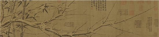 南宋 徐禹功 雪中梅竹图(局部) 28×122cm 绢本 手卷 辽宁省博物馆藏 徐禹功(1141—?),自号辛酉人,江西人,布衣,工画梅竹,爱写梅、竹,以清高自励。画史本无考,唯从赵孟坚在其《雪中梅竹图》卷后的题跋中得知其为扬无咎的及门弟子,得扬无咎潇洒之趣。从他自署“辛酉人禹功作”来看,他应出生于1141年,但卒年不详。《雪中梅竹图》是其唯一传世作品。南宋徐禹功《雪中梅竹图》、元吴瓘《梅竹图》及吴镇《墨梅图》三图合卷,并有宋扬无咎行书《柳梢青·咏梅》十首及元赵孟坚、张雨、高义甫、明杨循吉、徐守和等题跋,全卷共计宋元明清14人的33段题咏,流传有绪,蔚为壮观。