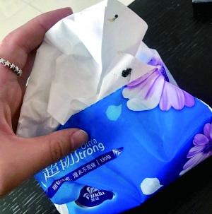 女子买抽纸发现纸巾粘着死苍蝇 客服称100%正品