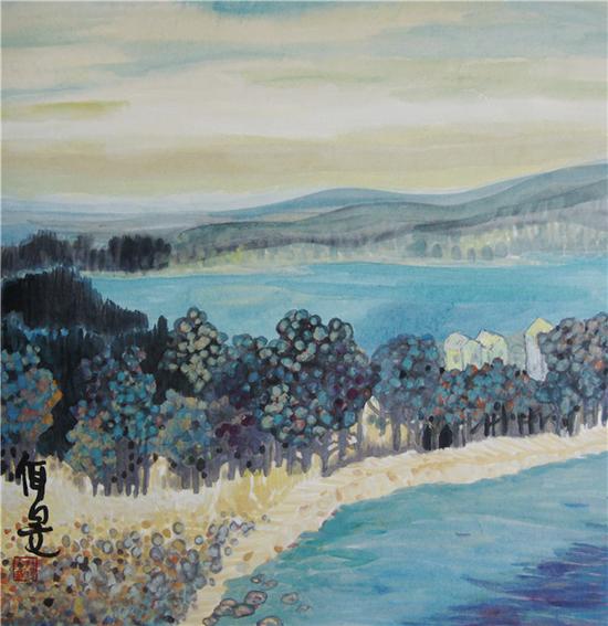 杨佴旻《湖边春色》  68x68cm 2016年 纸本设色