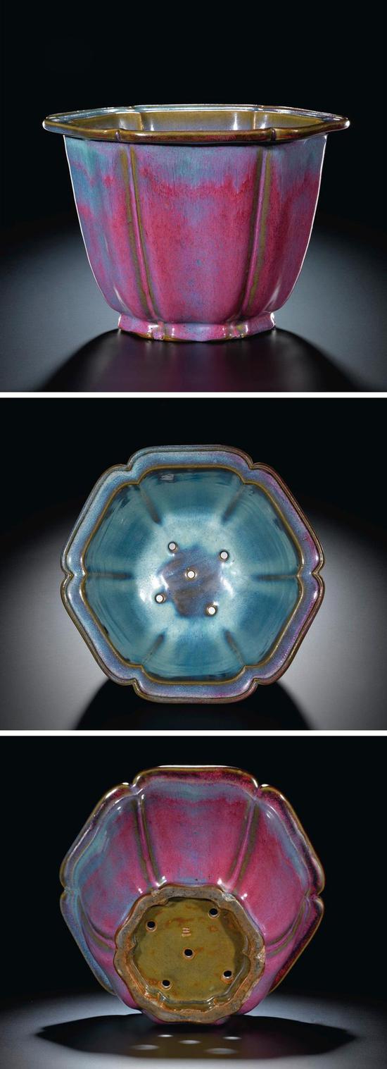 【宋】钧窑天蓝玫瑰紫釉棱口花盆