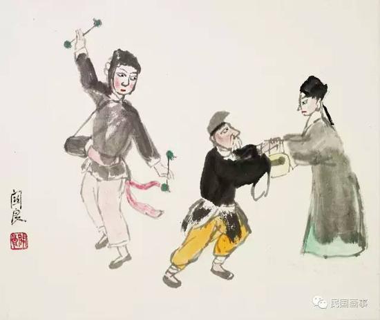关良《打花鼓》,镜框,设色纸本,38×45cm
