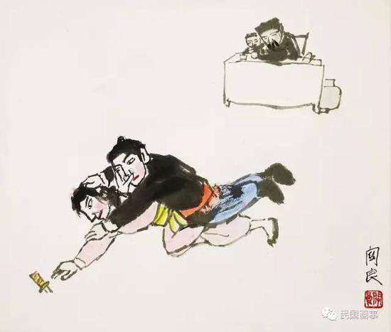 关良《十字坡》,镜框,纸本设色,38.5×45cm