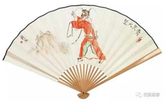 关良《齐天大圣》,成扇,纸本设色,19×54cm