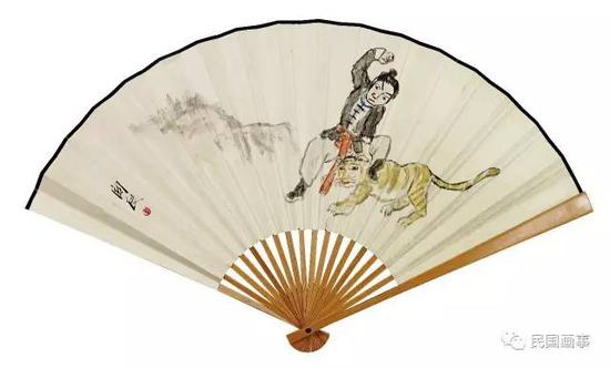 关良《武松打虎》,成扇,纸本设色,19×54cm