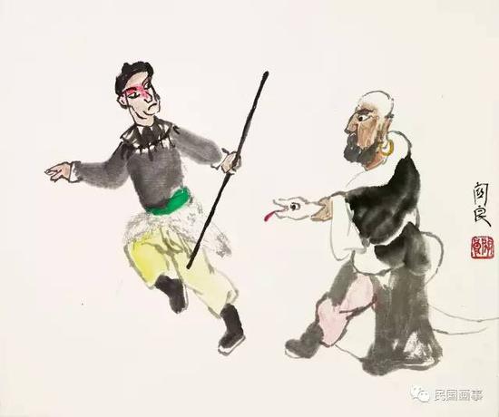 关良《孙悟空斗沙僧》,镜框,纸本设色,38×45.5cm