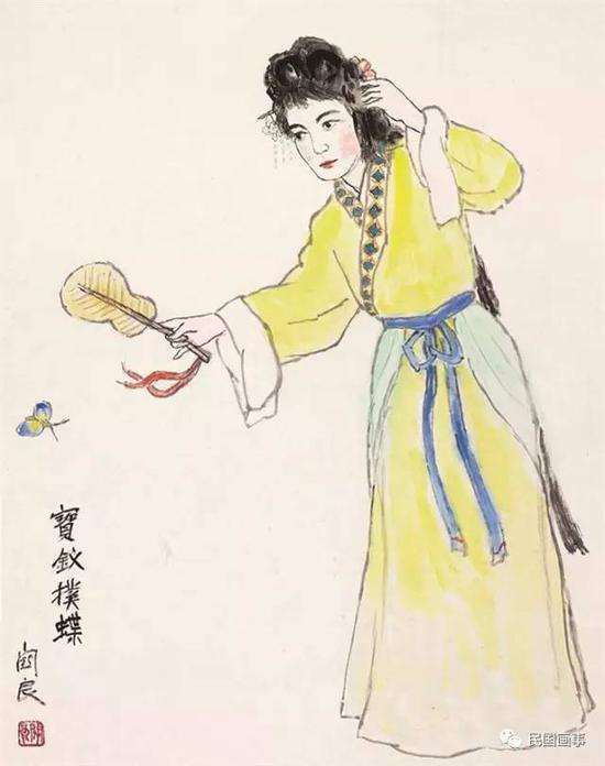 关良《宝钗扑蝶》,镜框,设色纸本,60.5×48cm