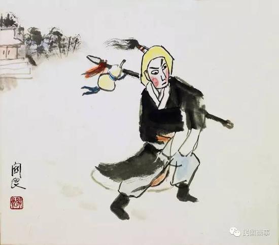 关良《林冲风雪山神庙》,镜框,纸本设色,39×44cm