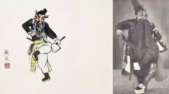 (左)关良《李逵》,镜框,纸本设色,38×45cm (右)袁世海《黑旋风李逵》剧照
